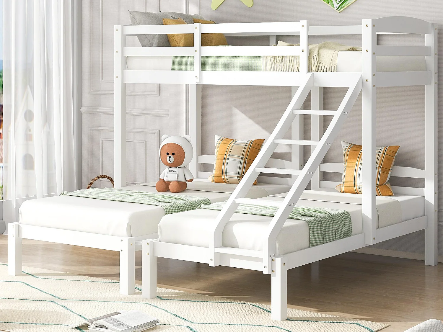 Kinderstapelbed 3 x 90 x 200 cm in grenenhout, inclusief wit onderstel