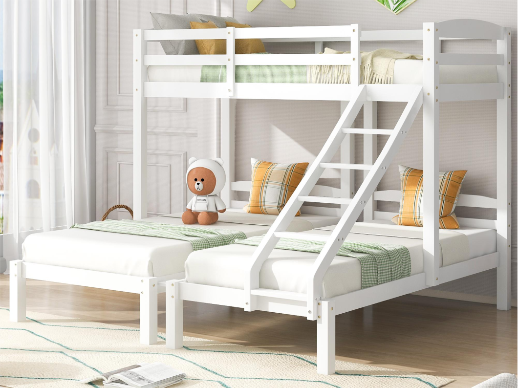Beliche 3 x 90 x 200 cm para crianças em pinho, box spring incluído, branco