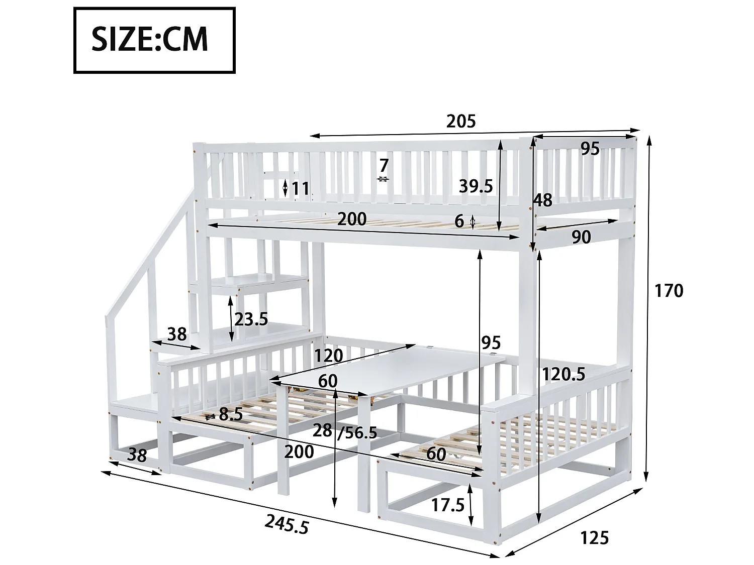 Litera 90 x 200 cm + 120 x 200 cm con escalera y mesa de centro regulable, Función sofá, Estructura de pino, Blanco