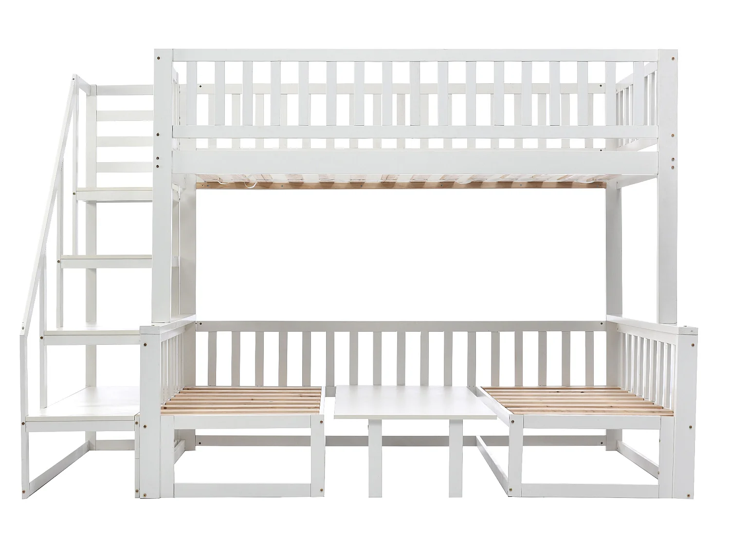 Litera 90 x 200 cm + 120 x 200 cm con escalera y mesa de centro regulable, Función sofá, Estructura de pino, Blanco