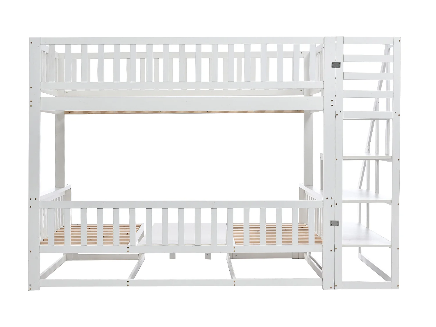 Litera 90 x 200 cm + 120 x 200 cm con escalera y mesa de centro regulable, Función sofá, Estructura de pino, Blanco