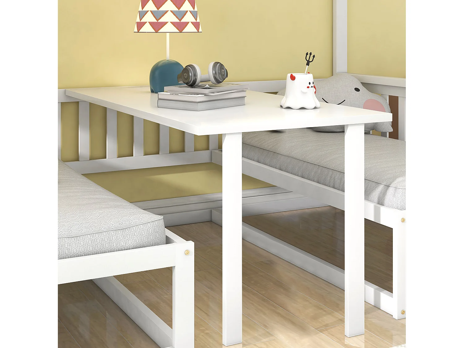 Litera 90 x 200 cm + 120 x 200 cm con escalera y mesa de centro regulable, Función sofá, Estructura de pino, Blanco