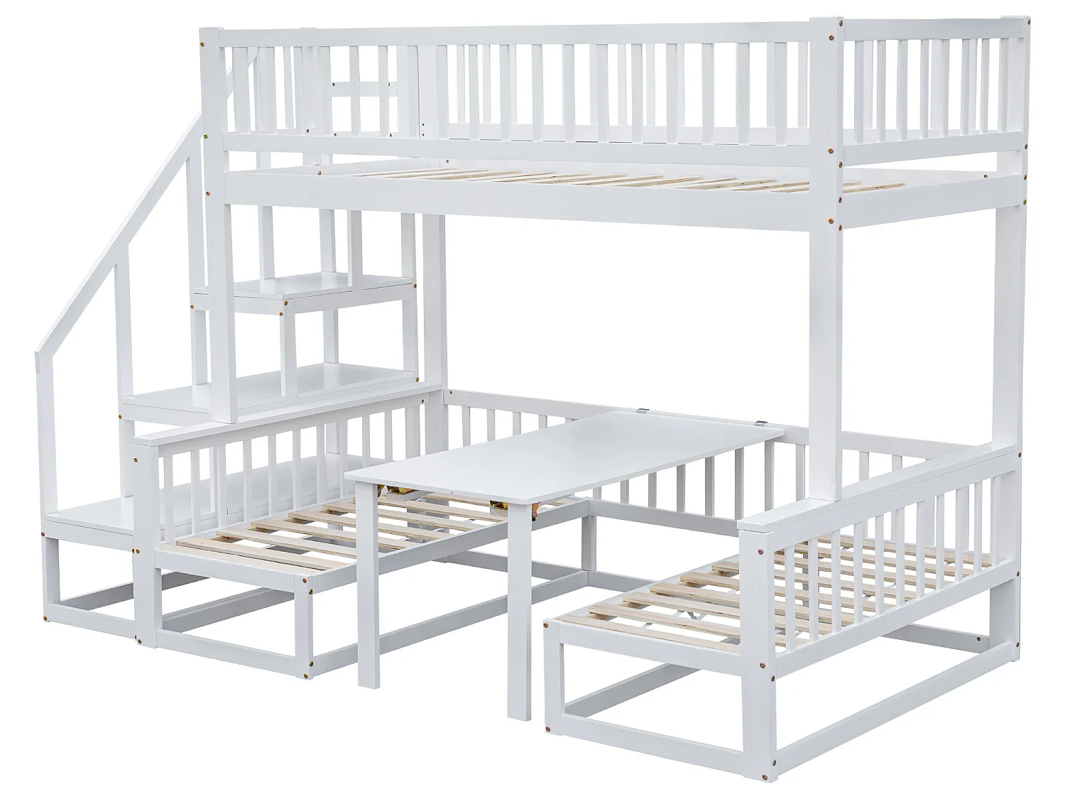 Litera 90 x 200 cm + 120 x 200 cm con escalera y mesa de centro regulable, Función sofá, Estructura de pino, Blanco