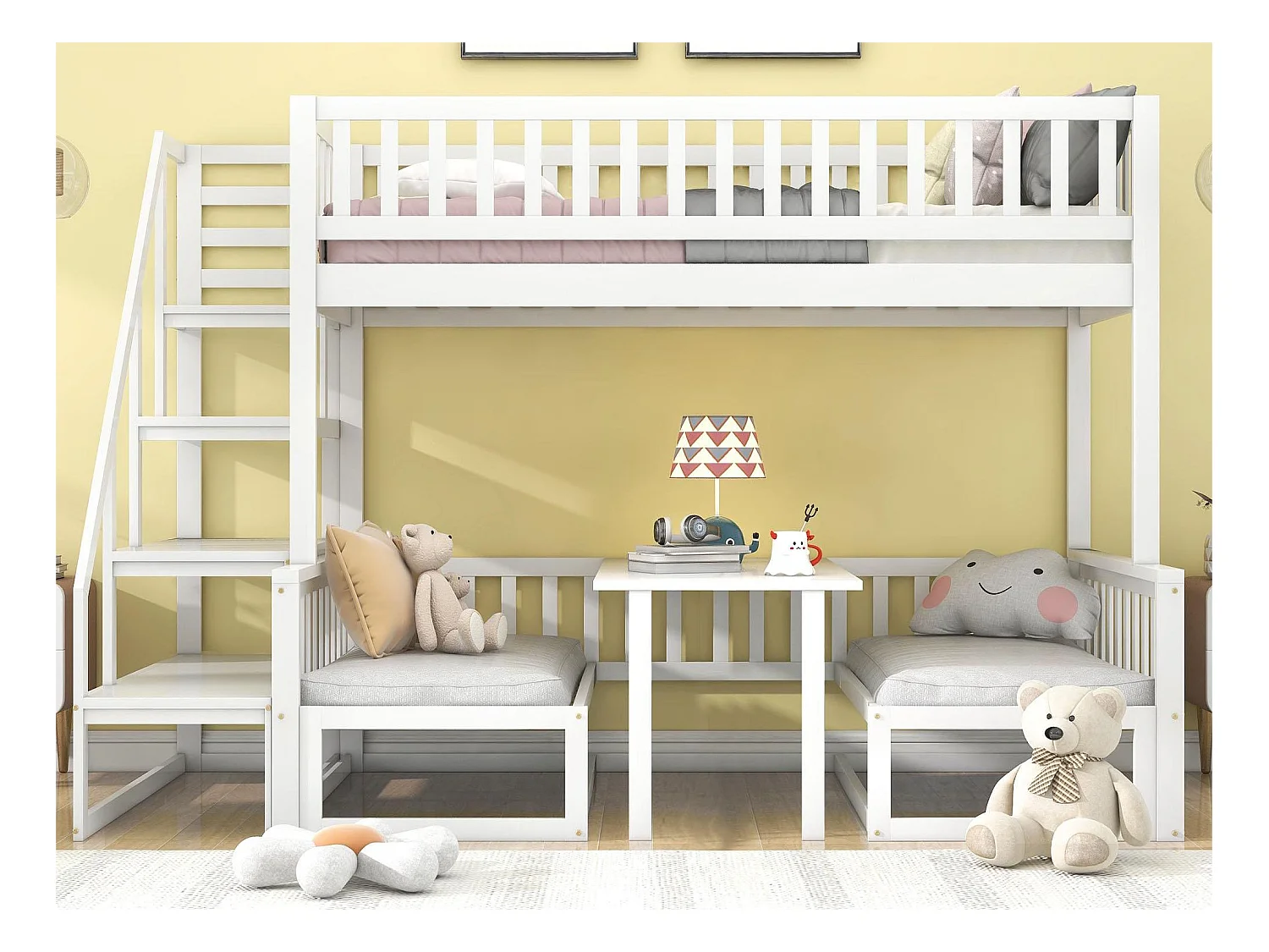 Lit superposé 90 x 200 cm + 120 x 200 cm avec escalier et table basse réglable, Fonction de canapés, Cadre en pin,Blanc