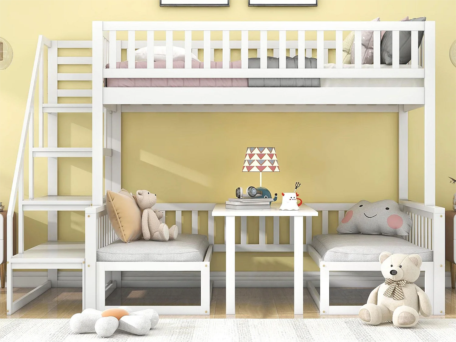 Letto a castello 90 x 200 cm + 120 x 200 cm con scaletta e tavolino regolabile, Funzione divano, Struttura in pino, Bianco