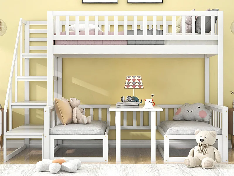 Lit superposé 90 x 200 cm + 120 x 200 cm avec escalier et table basse réglable, Fonction de canapés, Cadre en pin,Blanc
