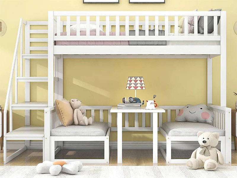 Stapelbed 90 x 200 cm + 120 x 200 cm met trap en verstelbare salontafel, Bankfunctie, Grenen frame, Wit