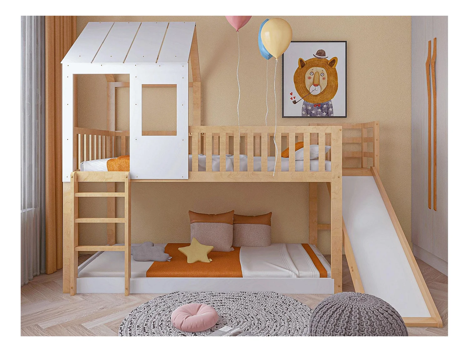 Beliche infantil 90 x 200 cm com escorregador + box spring, cores: natural e branco