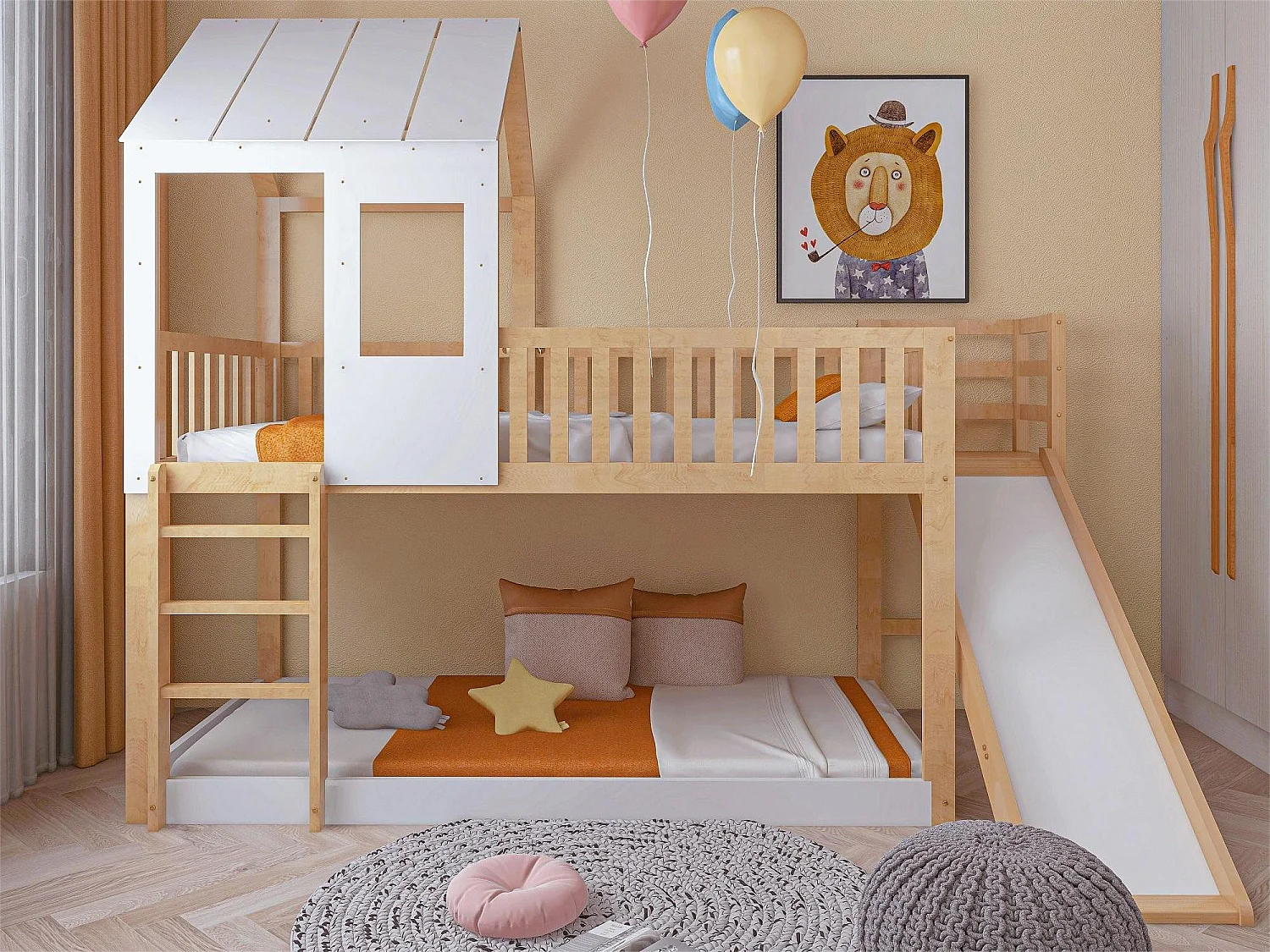 Letto a castello per bambini 90 x 200 cm con scivolo + rete, colori: naturale e bianco