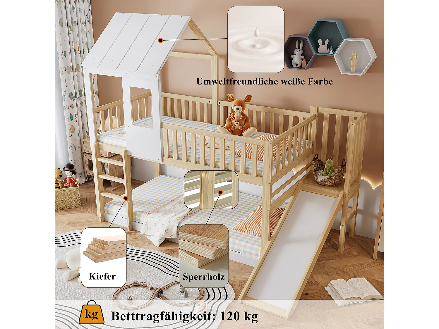 Letto a castello per bambini 90 x 200 cm con scivolo + rete, colori: naturale e bianco