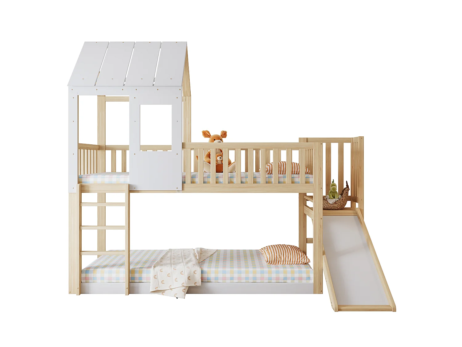 Lit superposé pour enfant 90 x 200 cm avec toboggan + sommier, coloris: naturel et blanc