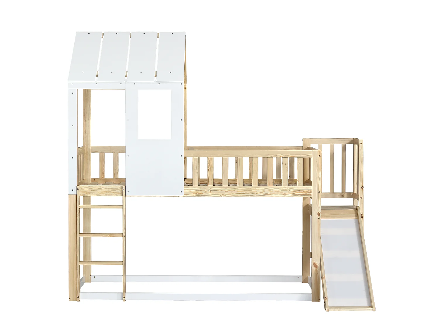 Lit superposé pour enfant 90 x 200 cm avec toboggan + sommier, coloris: naturel et blanc