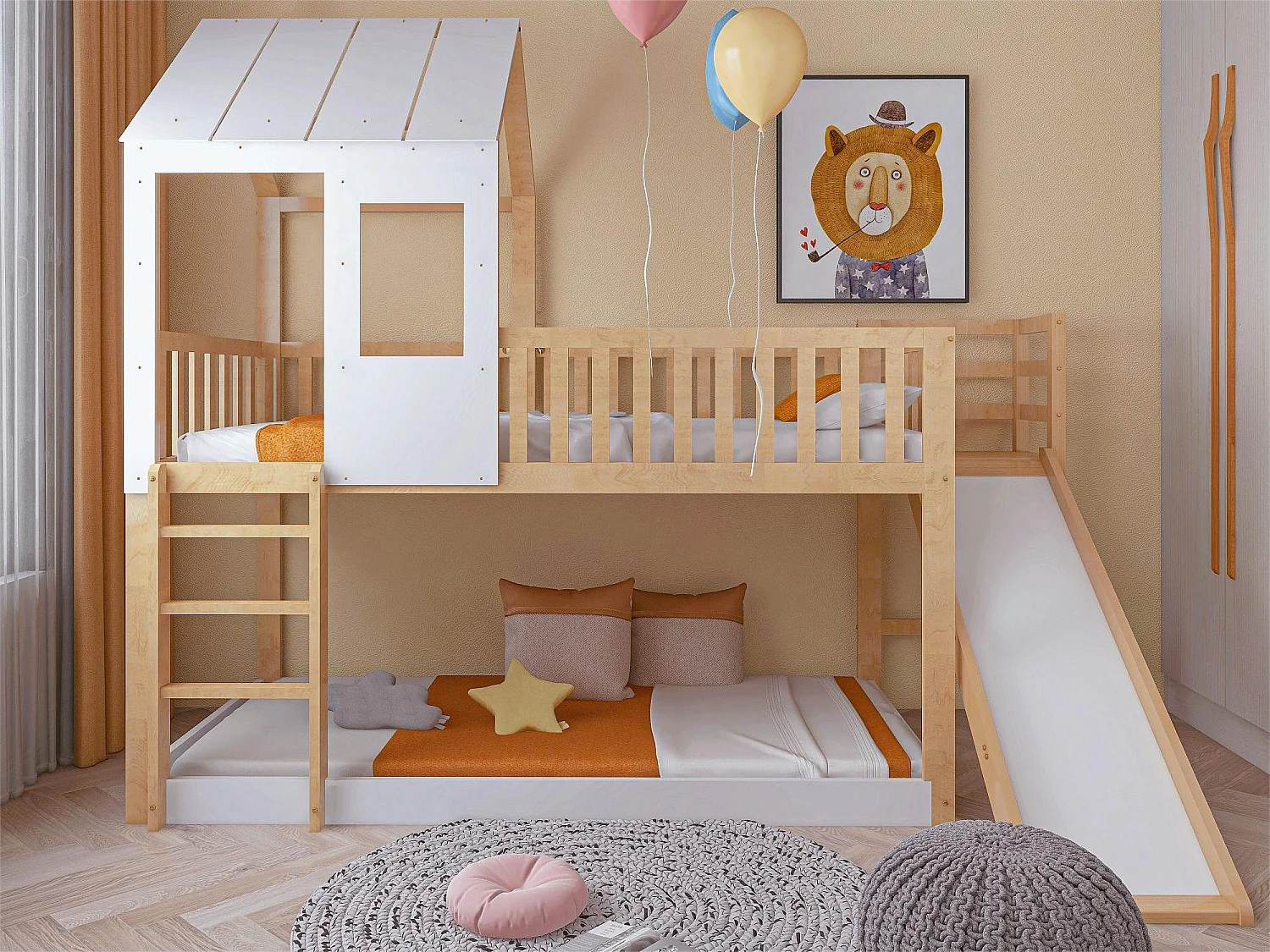 Stapelbed voor kinderen 90 x 200 cm met glijbaan + boxspring, kleuren: naturel en wit