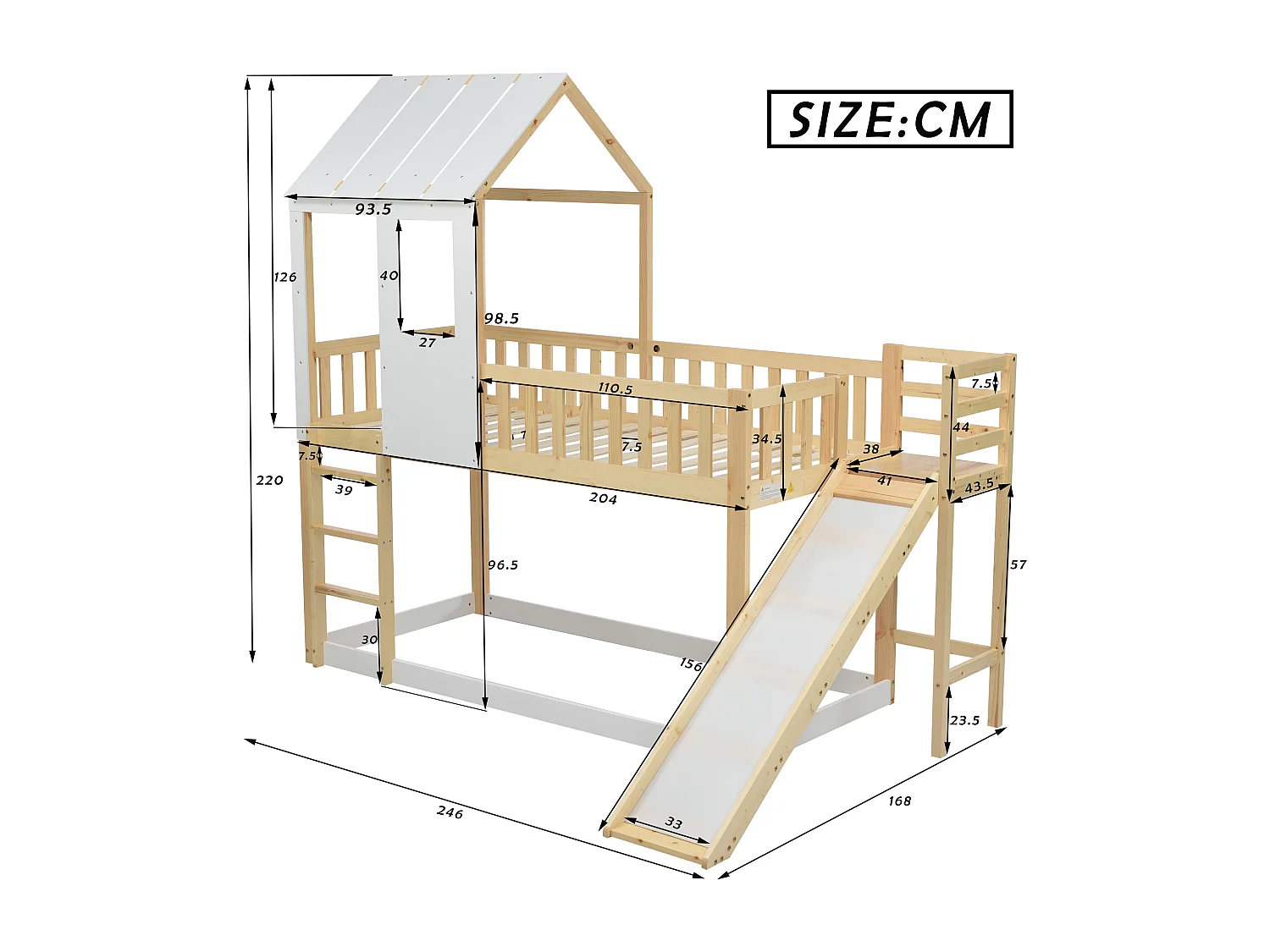 Stapelbed voor kinderen 90 x 200 cm met glijbaan + boxspring, kleuren: naturel en wit