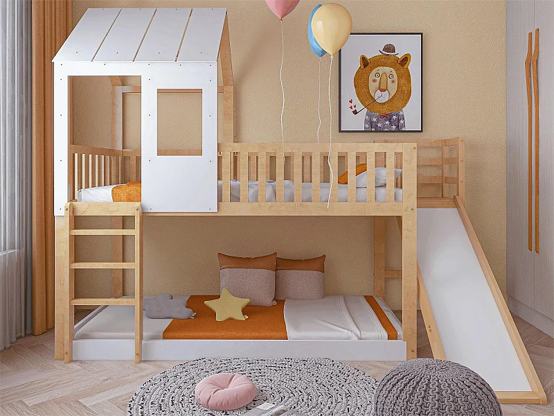 Lit superposé pour enfant 90 x 200 cm avec toboggan + sommier, coloris: naturel et blanc