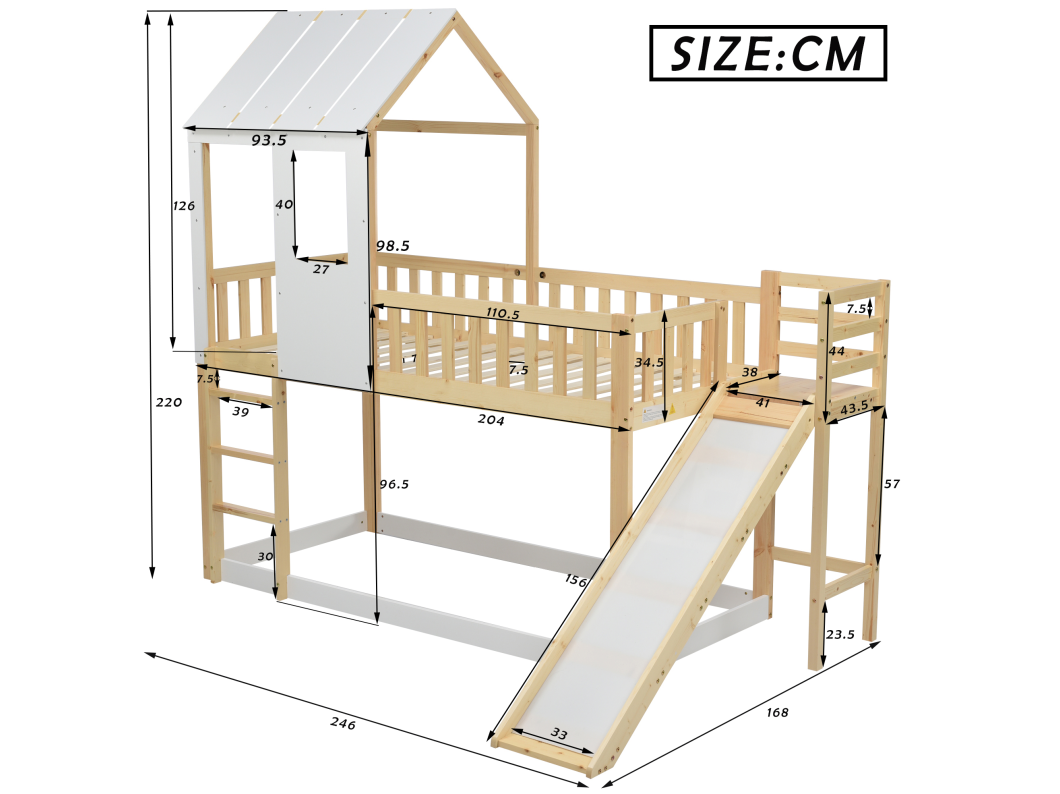 Beliche infantil 90 x 200 cm com escorregador + box spring, cores: natural e branco