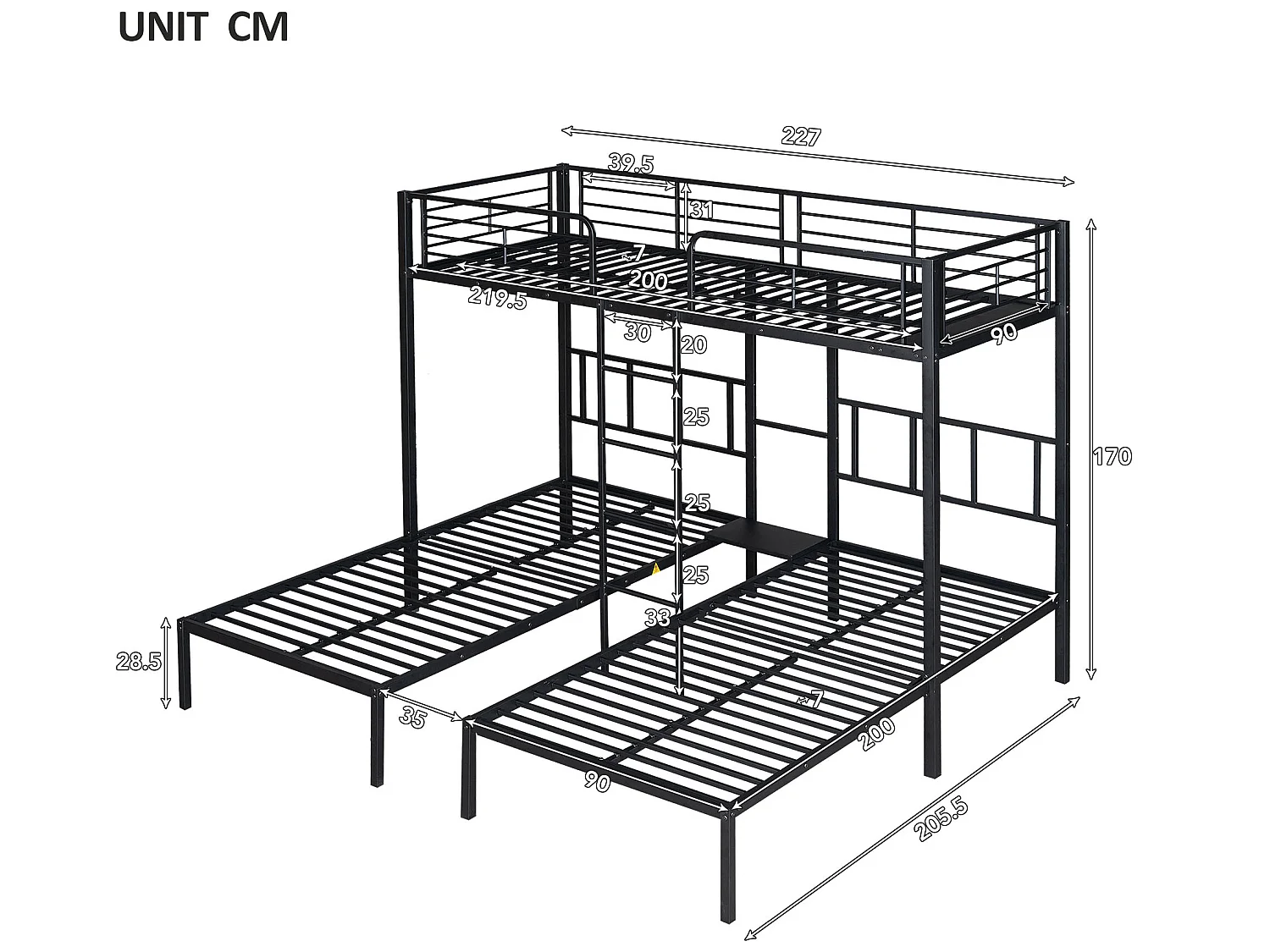 Stapelbed met nachtkastje - 3 x 90 x 200 cm - metaal - kleur: zwart