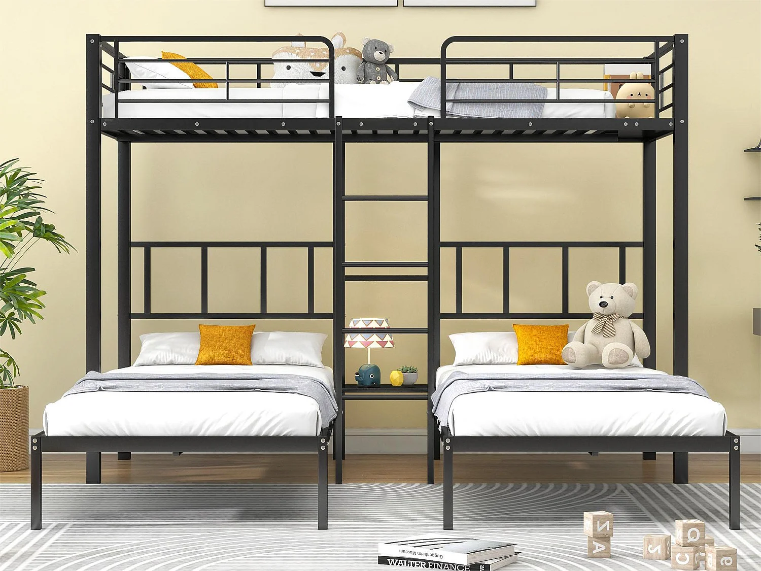 Stapelbed met nachtkastje - 3 x 90 x 200 cm - metaal - kleur: zwart