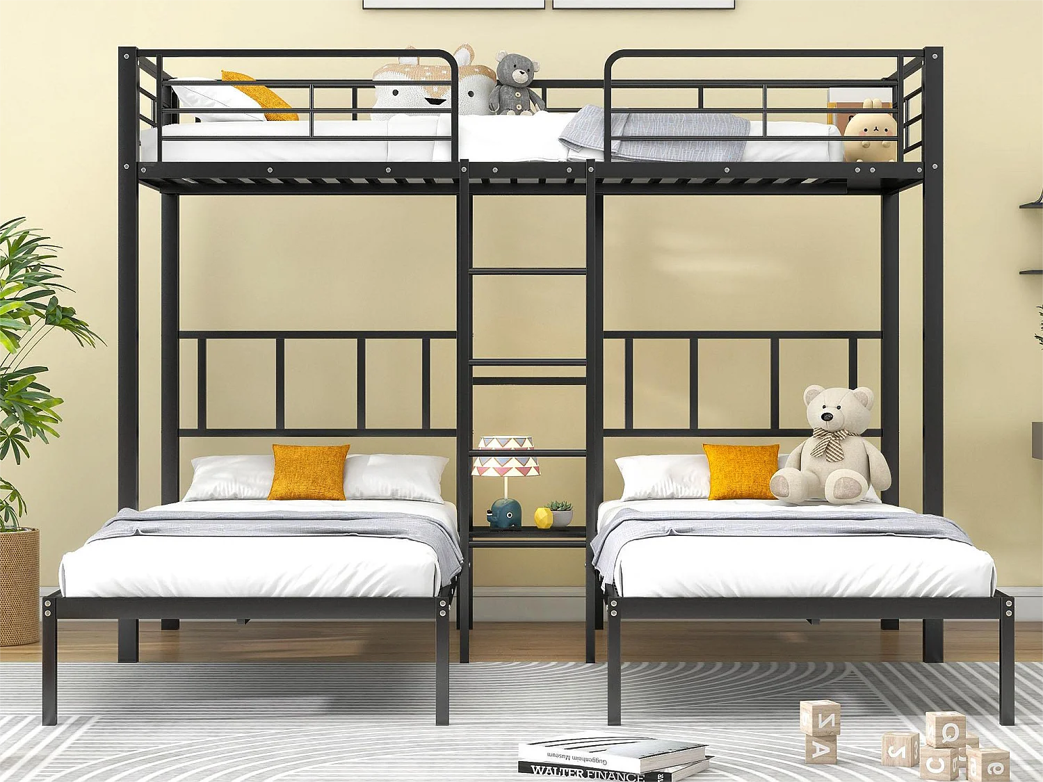 Stapelbed met nachtkastje - 3 x 90 x 200 cm - metaal - kleur: zwart