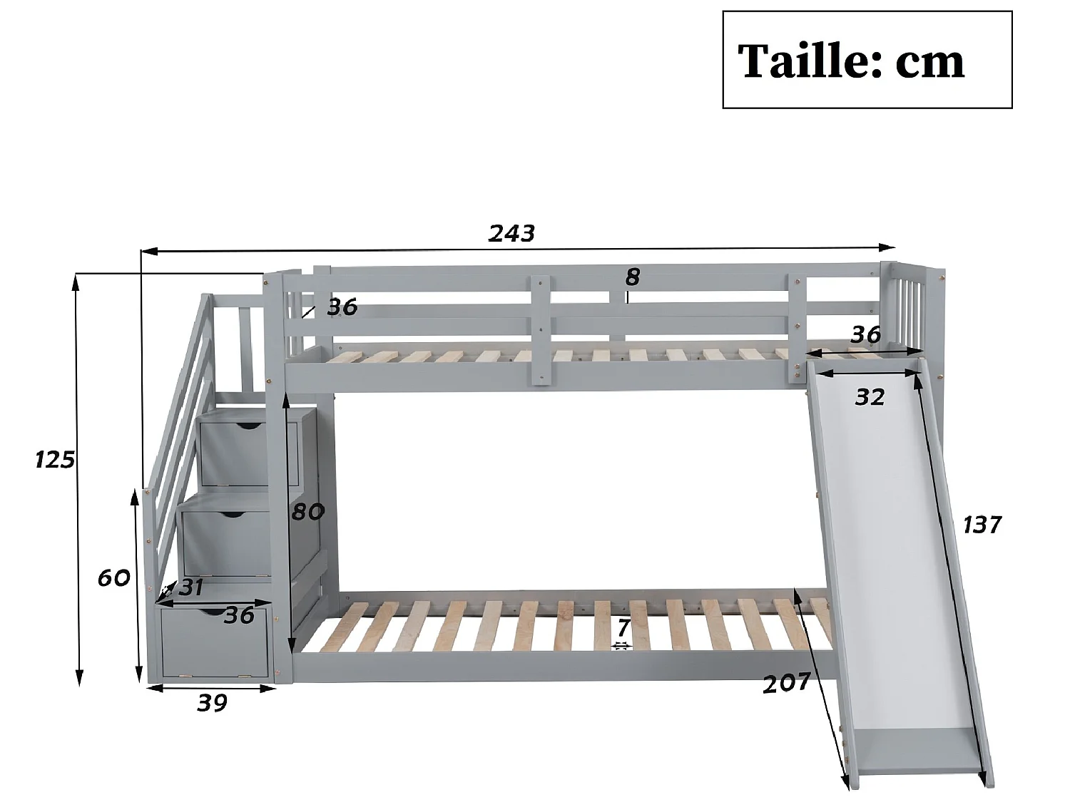 Lit superposé avec tiroirs et toboggan - 2 x 90 x 200 cm - bois massif et MDF - coloris: gris