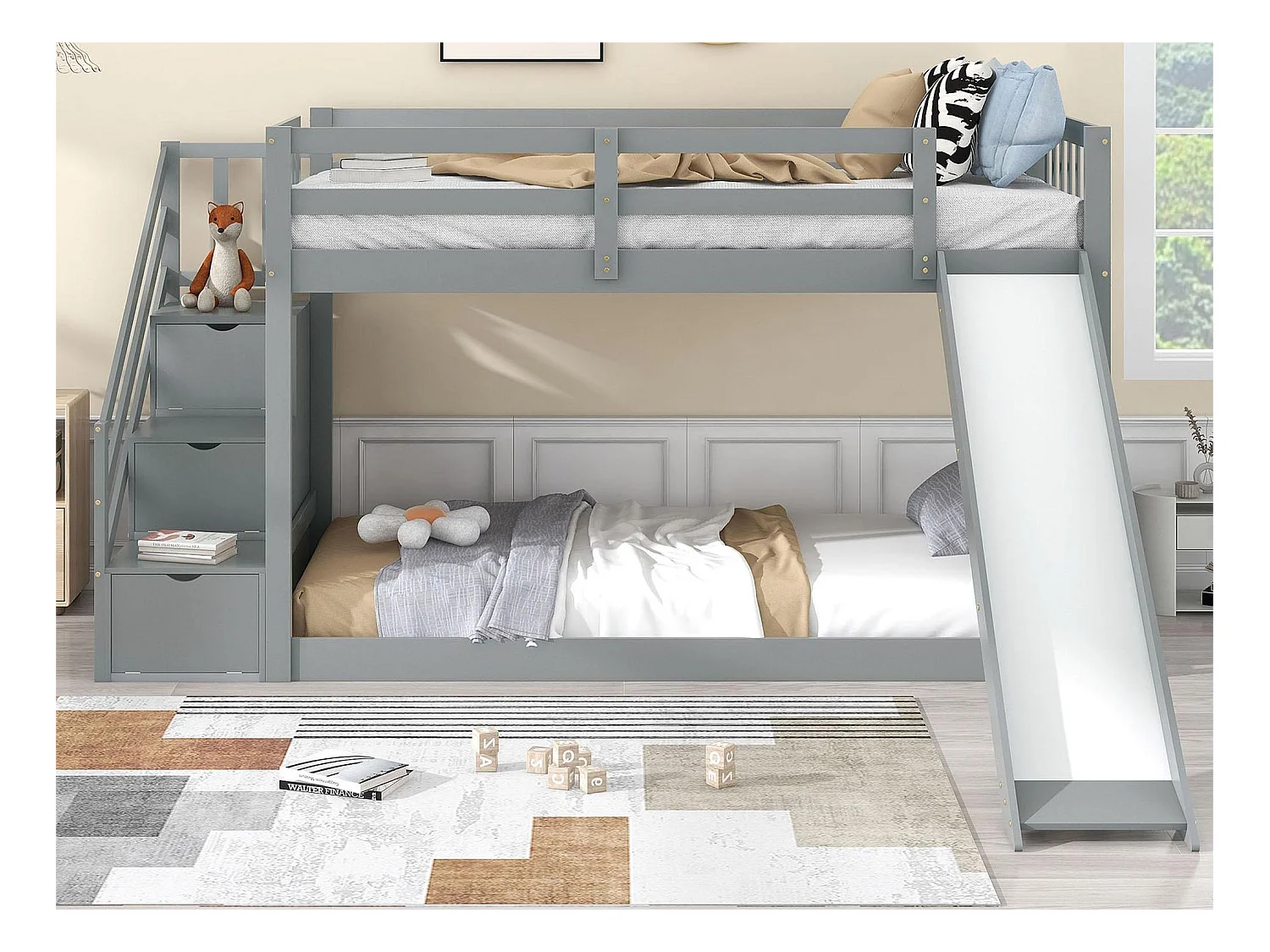 Stapelbed met lades en glijbaan - 2 x 90 x 200 cm - massief hout en MDF - kleur: grijs