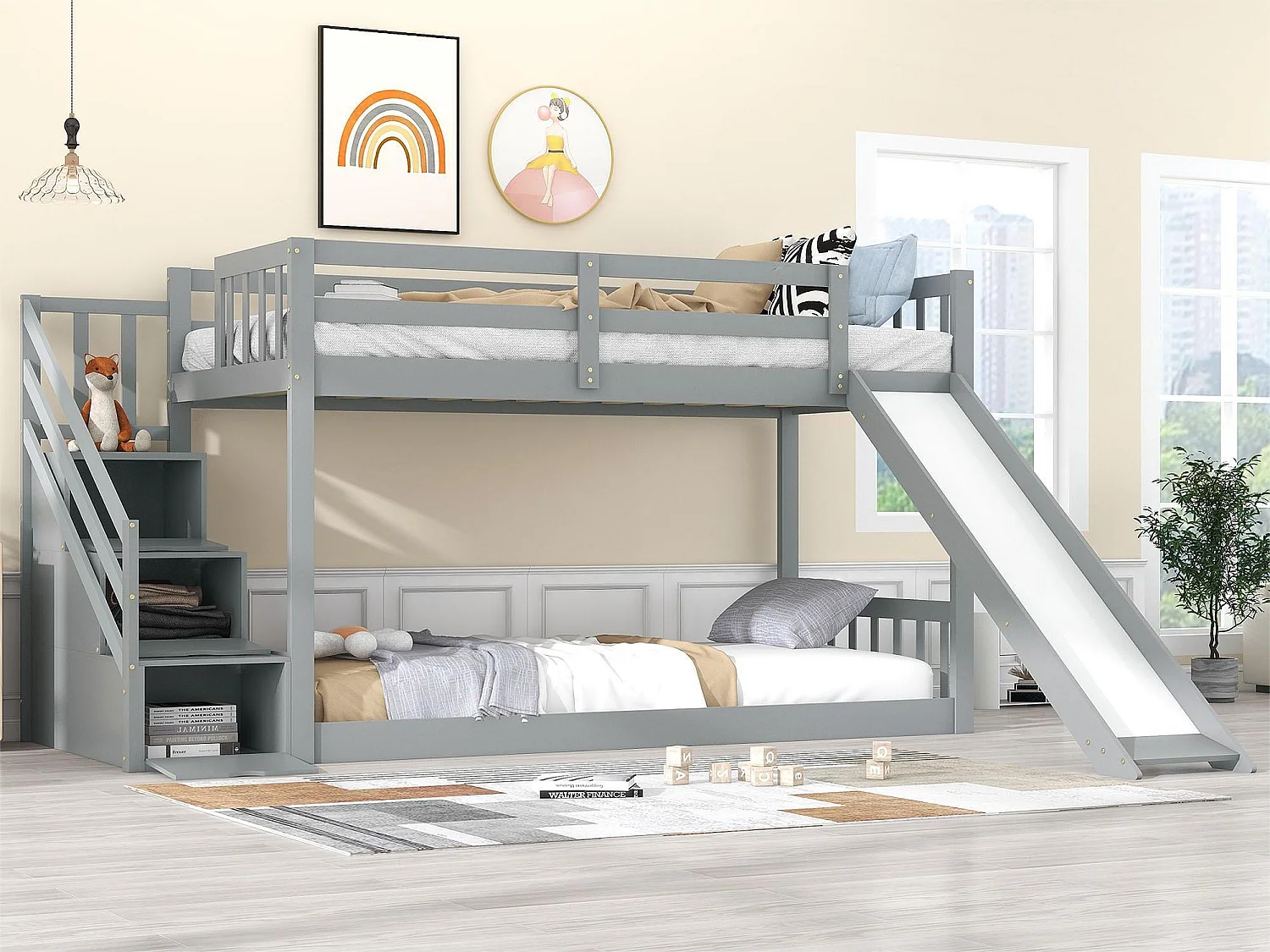 Stapelbed met lades en glijbaan - 2 x 90 x 200 cm - massief hout en MDF - kleur: grijs