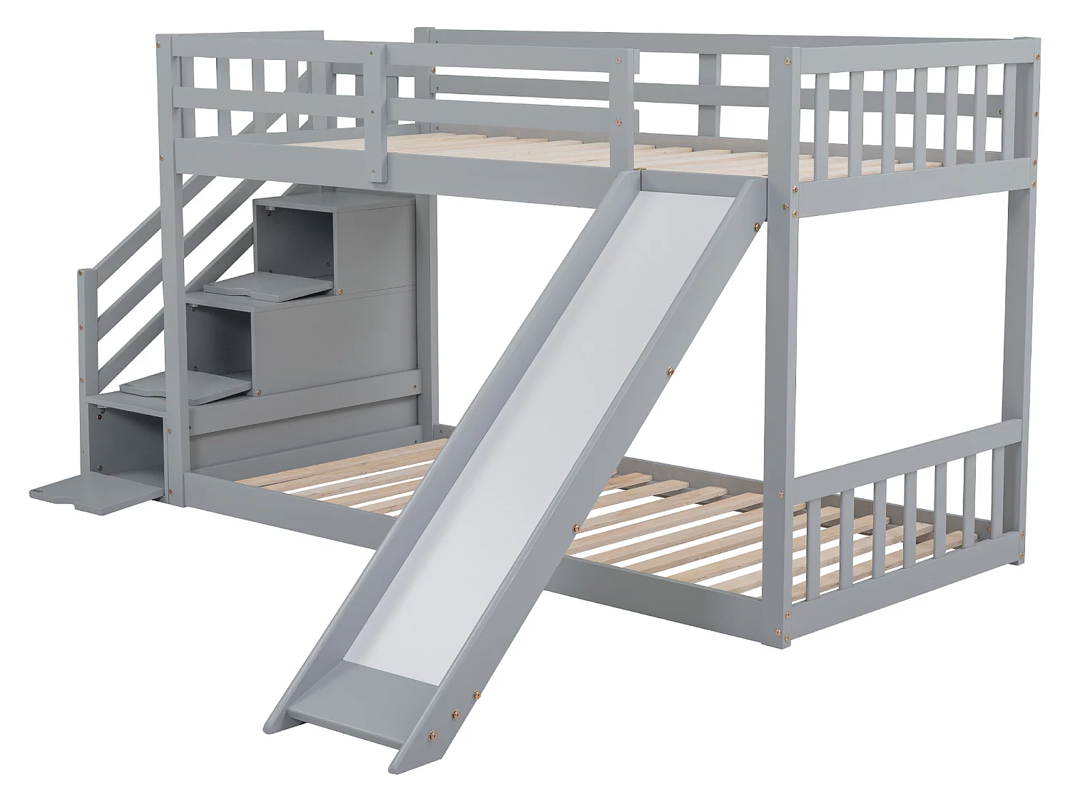 Stapelbed met lades en glijbaan - 2 x 90 x 200 cm - massief hout en MDF - kleur: grijs