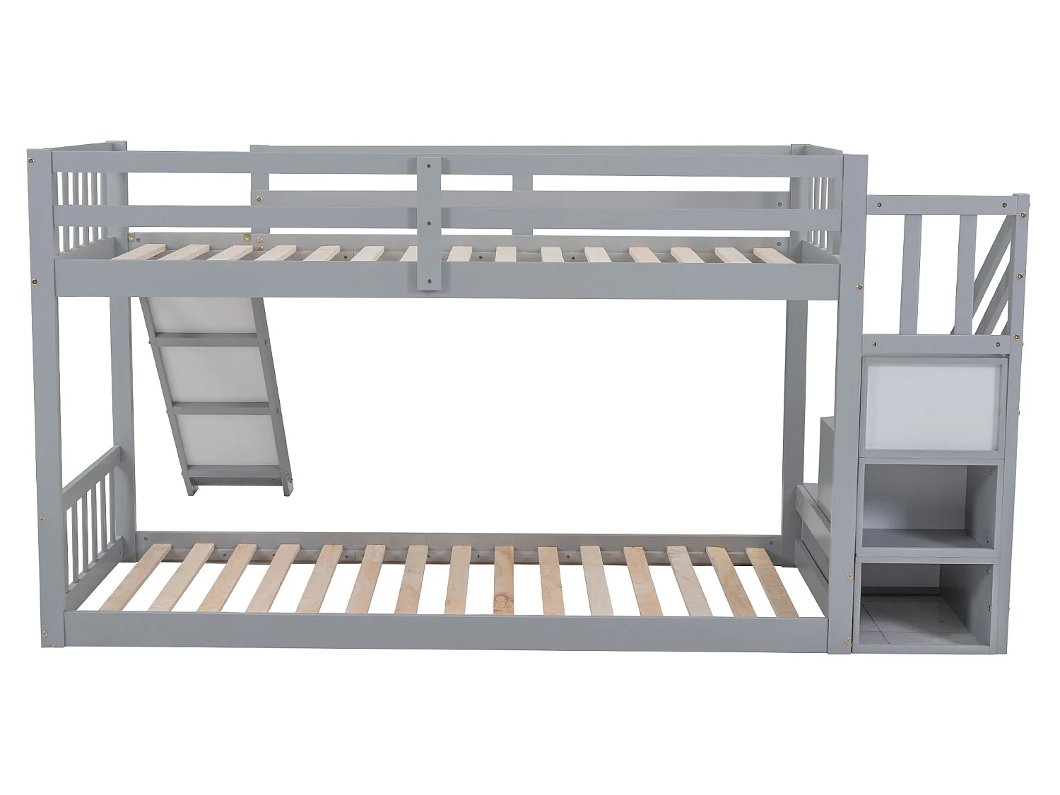 Stapelbed met lades en glijbaan - 2 x 90 x 200 cm - massief hout en MDF - kleur: grijs