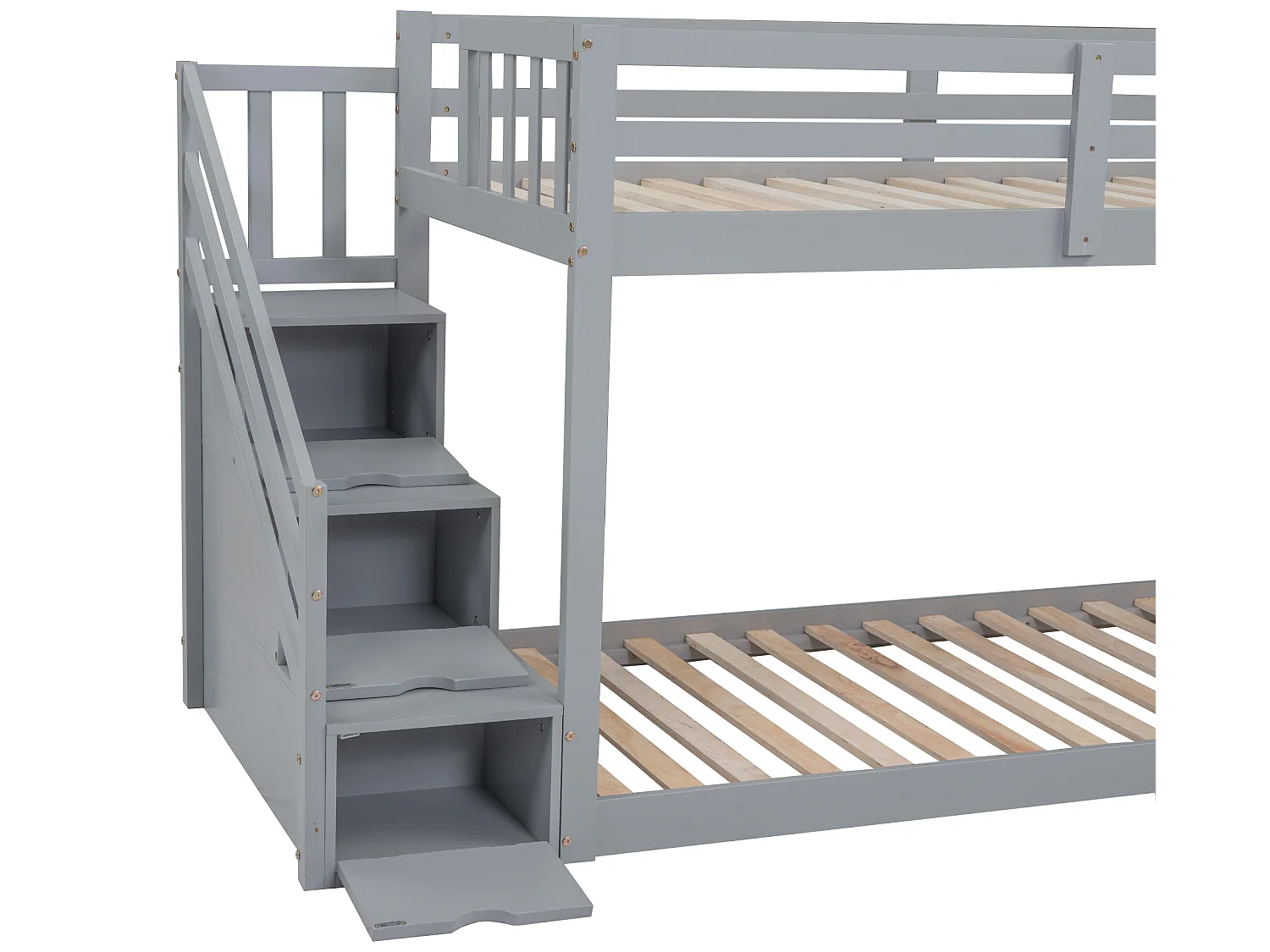 Stapelbed met lades en glijbaan - 2 x 90 x 200 cm - massief hout en MDF - kleur: grijs