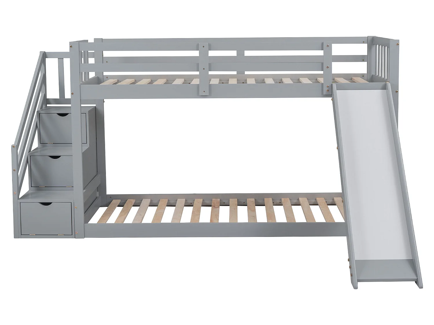 Stapelbed met lades en glijbaan - 2 x 90 x 200 cm - massief hout en MDF - kleur: grijs