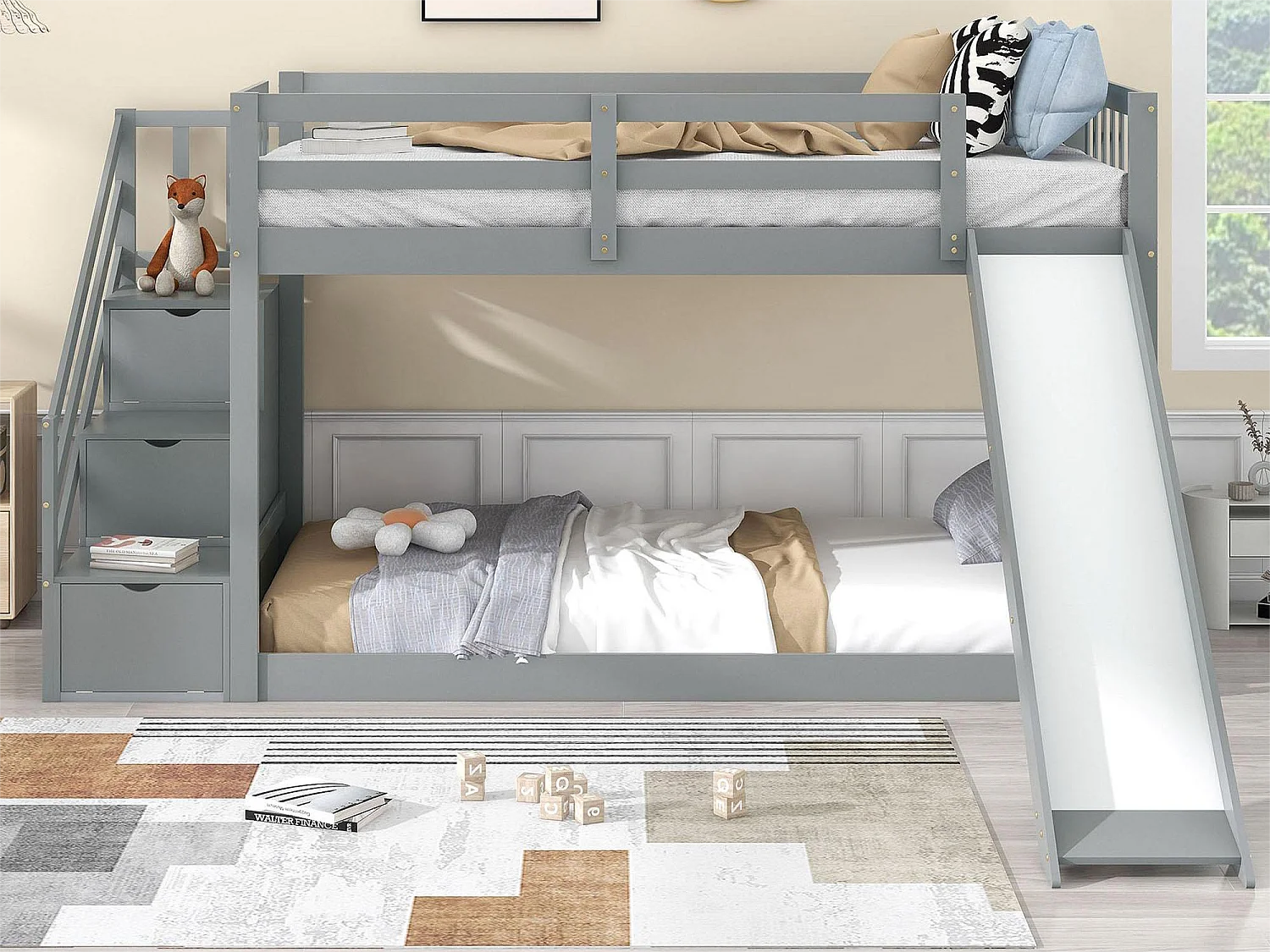 Lit superposé avec tiroirs et toboggan - 2 x 90 x 200 cm - bois massif et MDF - coloris: gris