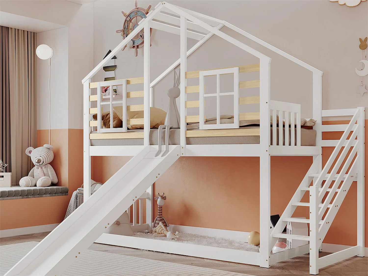 Kinderstapelbed 2x90x200cm, massief houten frame, raamdecoratie, met glijbaan en lattenbodem, wit