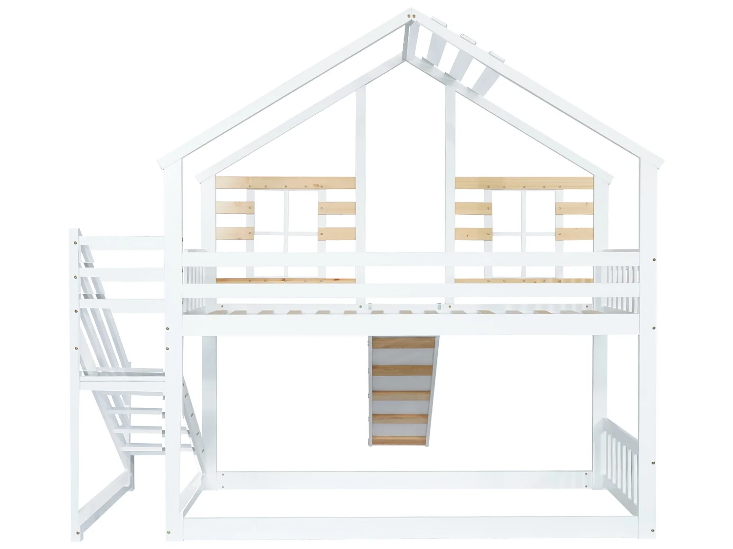Kinderstapelbed 2x90x200cm, massief houten frame, raamdecoratie, met glijbaan en lattenbodem, wit