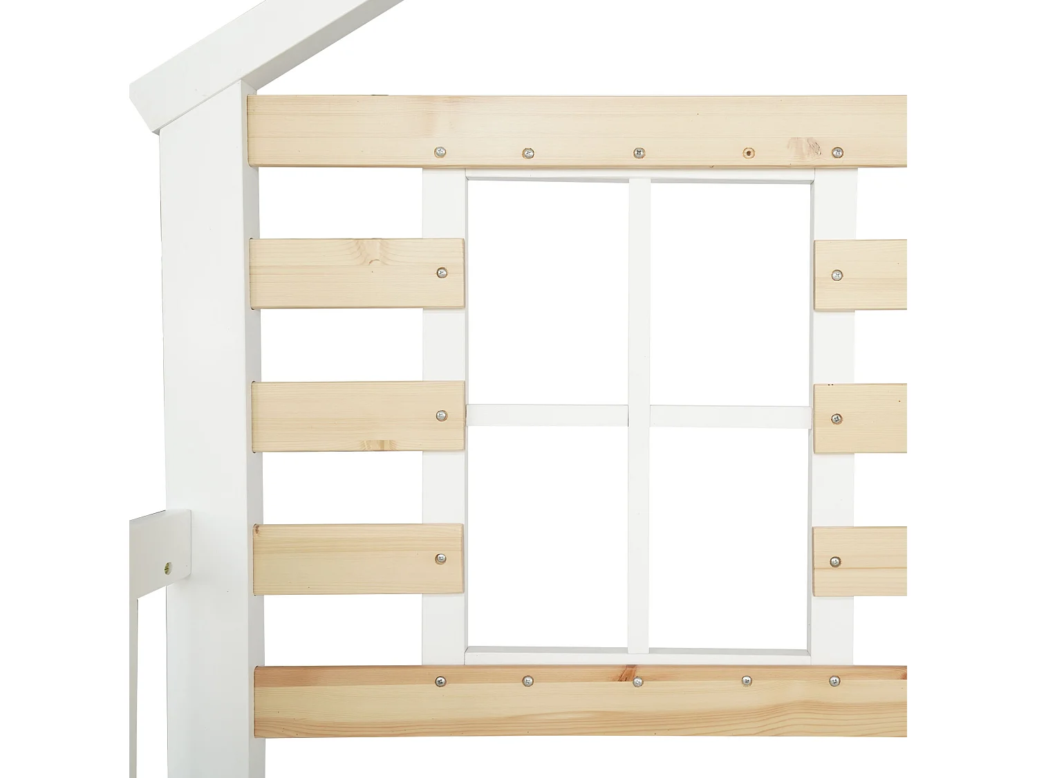 Kinderstapelbed 2x90x200cm, massief houten frame, raamdecoratie, met glijbaan en lattenbodem, wit