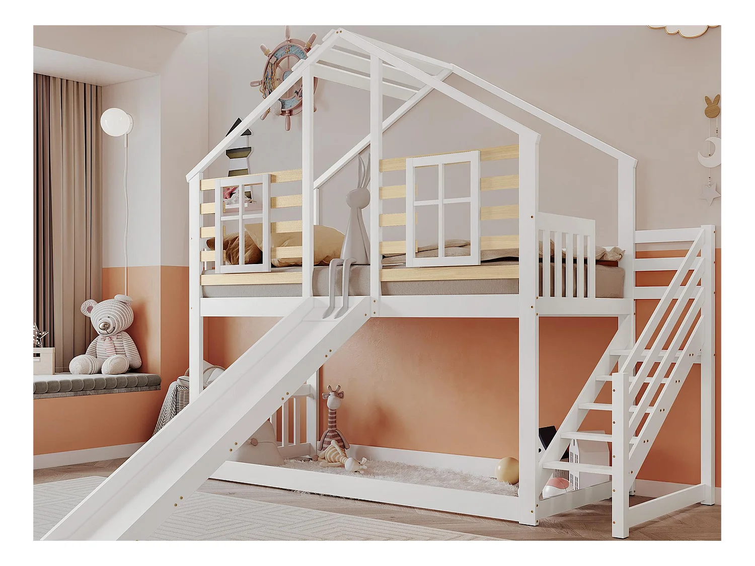 Lits superposés enfant 2x90x200cm, cadre en bois massif, décor avec fenêtre, avec toboggan et sommier à lattes, blanc