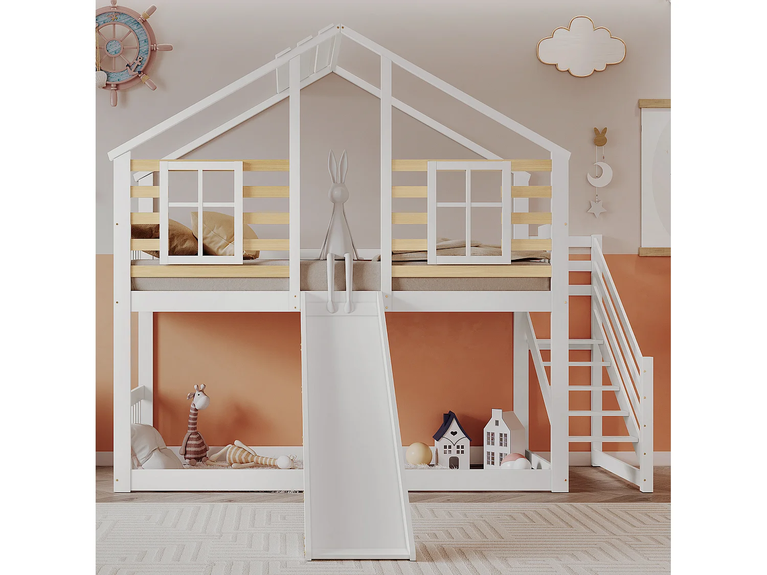 Lits superposés enfant 2x90x200cm, cadre en bois massif, décor avec fenêtre, avec toboggan et sommier à lattes, blanc