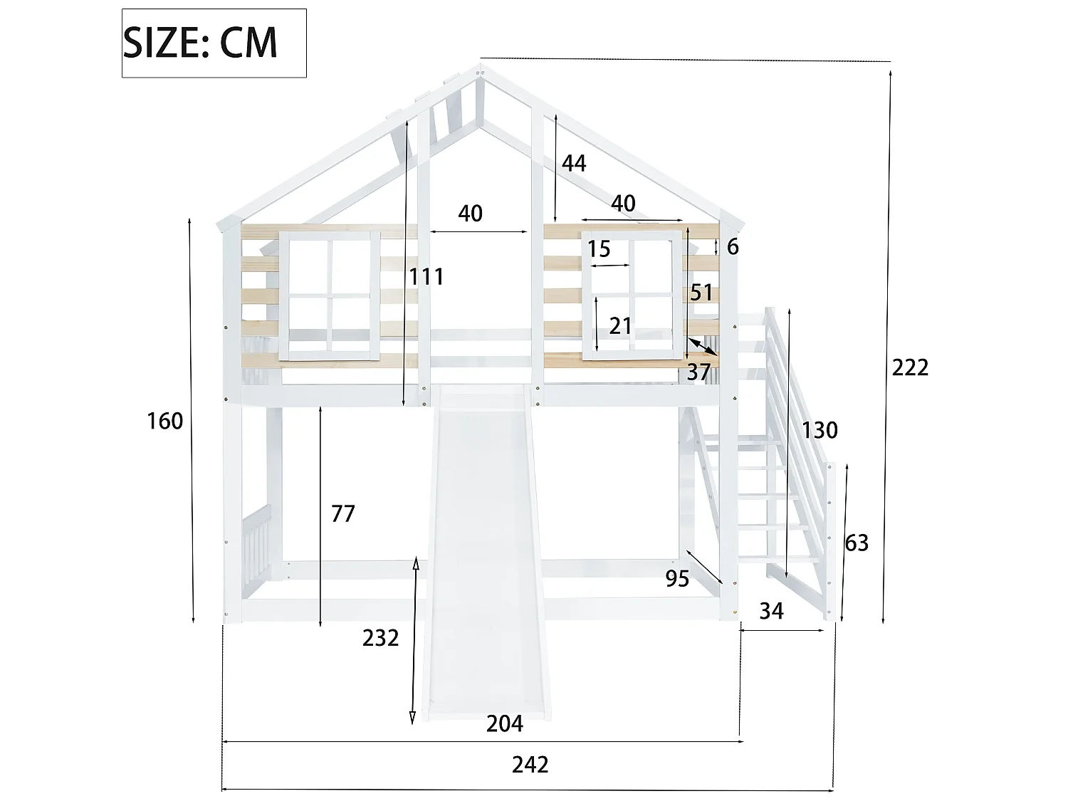 Lits superposés enfant 2x90x200cm, cadre en bois massif, décor avec fenêtre, avec toboggan et sommier à lattes, blanc