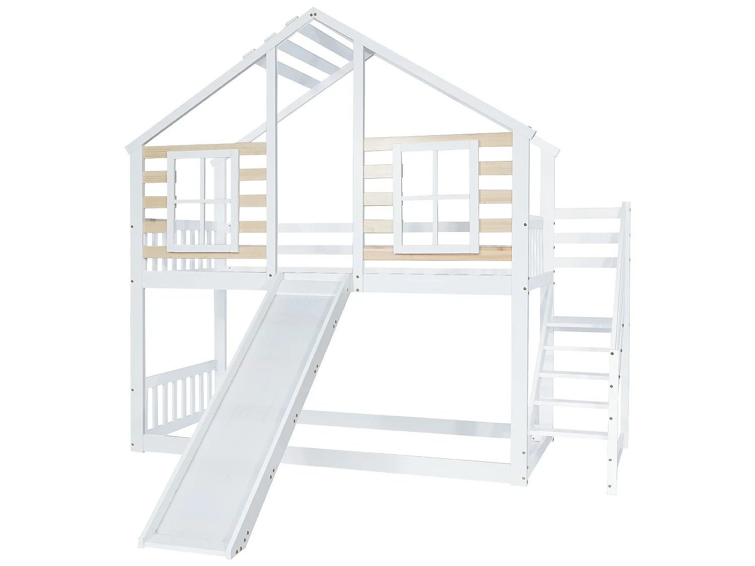 Lits superposés enfant 2x90x200cm, cadre en bois massif, décor avec fenêtre, avec toboggan et sommier à lattes, blanc