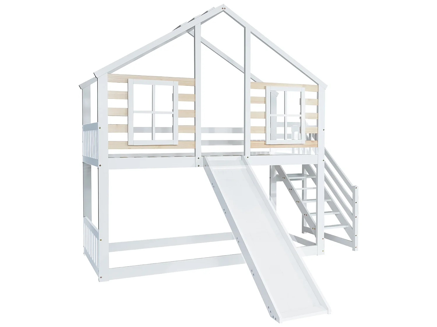 Lits superposés enfant 2x90x200cm, cadre en bois massif, décor avec fenêtre, avec toboggan et sommier à lattes, blanc