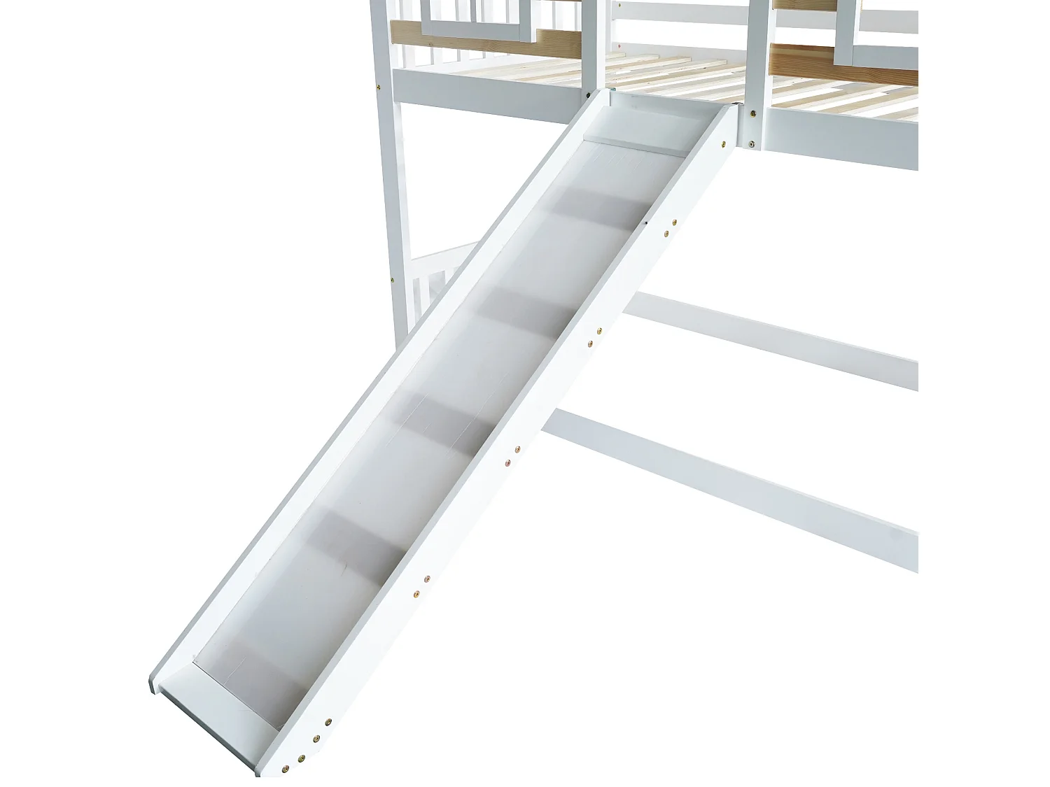 Lits superposés enfant 2x90x200cm, cadre en bois massif, décor avec fenêtre, avec toboggan et sommier à lattes, blanc
