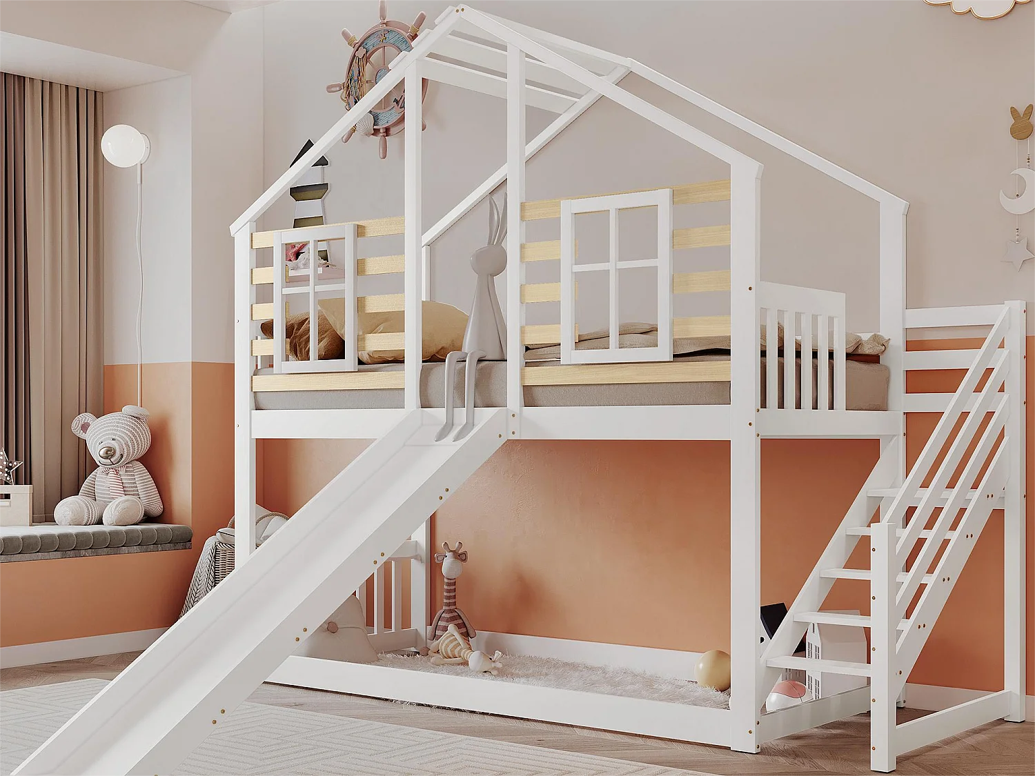 Kinderstapelbed 2x90x200cm, massief houten frame, raamdecoratie, met glijbaan en lattenbodem, wit