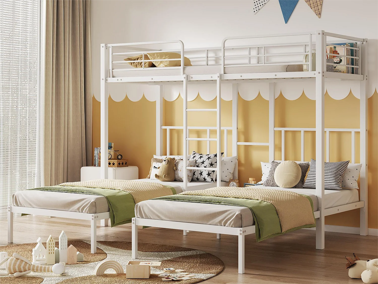 Lit superposé avec table de chevet - 3 x 90 x 200 cm - métal - coloris: blanc