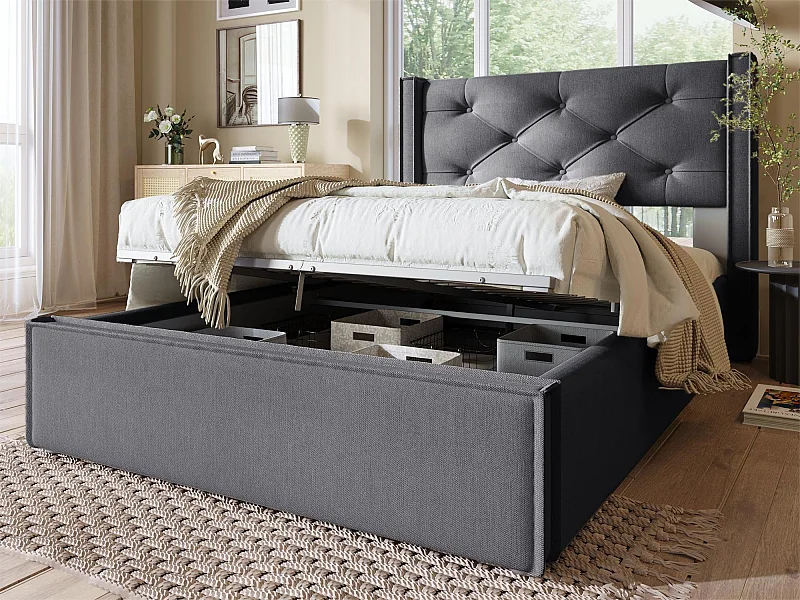 Opbergbed 90x200 cm gevoerd met katoen, inclusief boxspring, donkergrijs