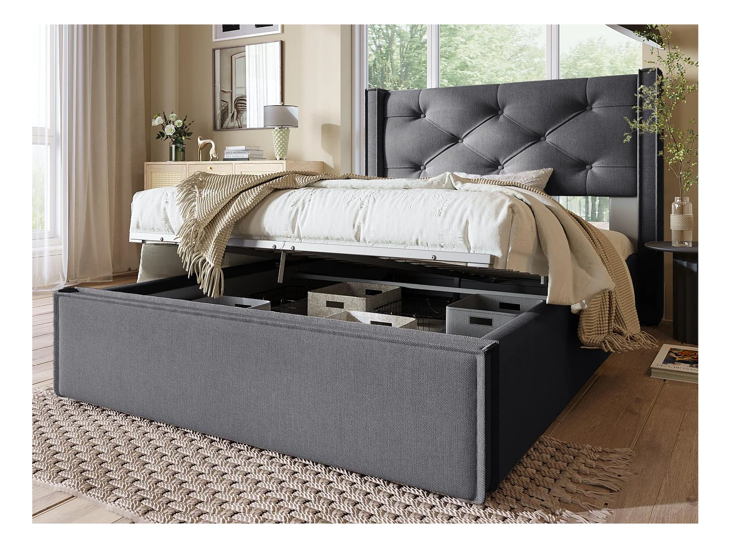 Lit coffre 90x200 cm rembourré en coton, sommier inclus, gris foncé