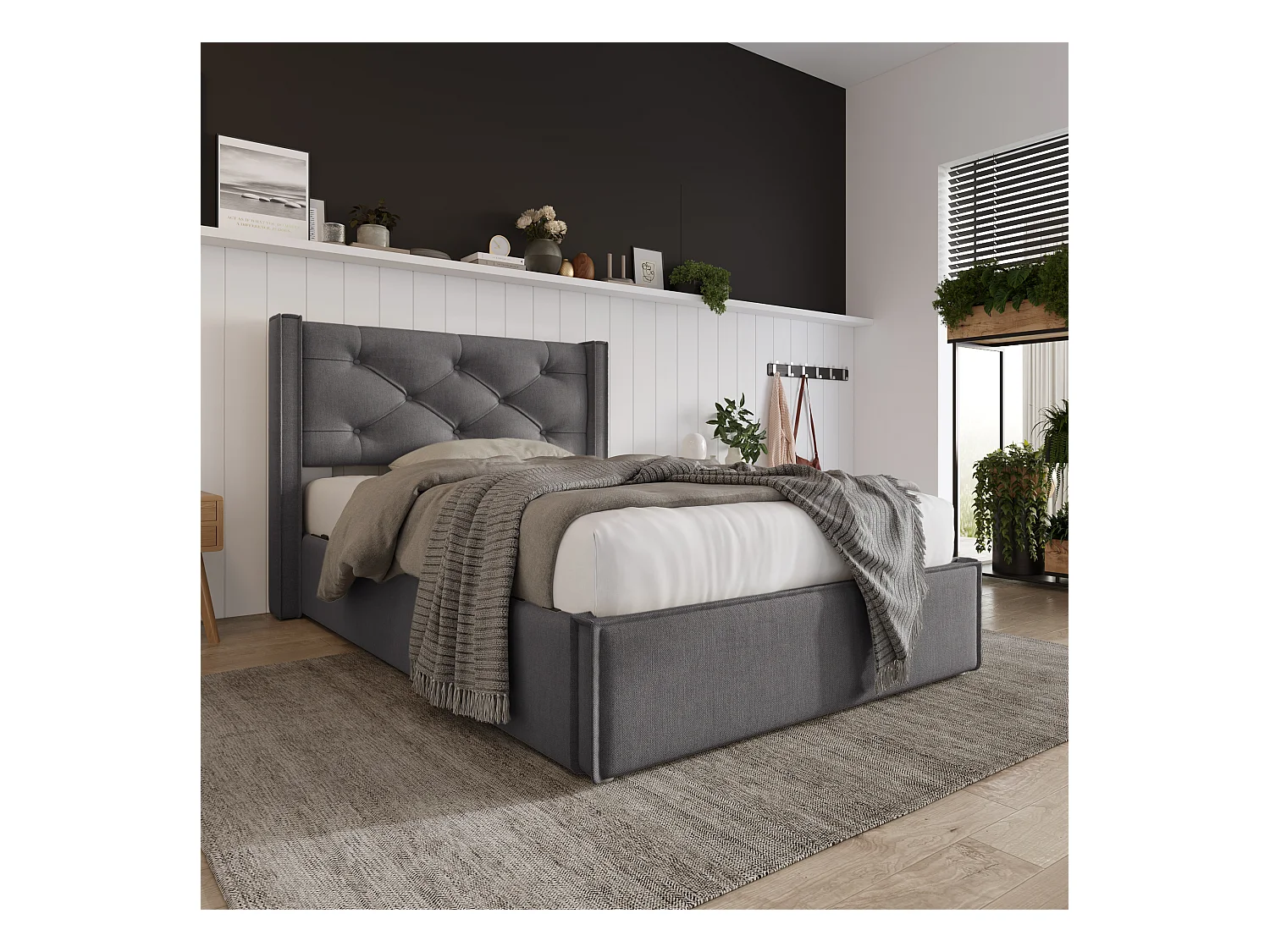 Lit coffre 90x200 cm rembourré en coton, sommier inclus, gris foncé