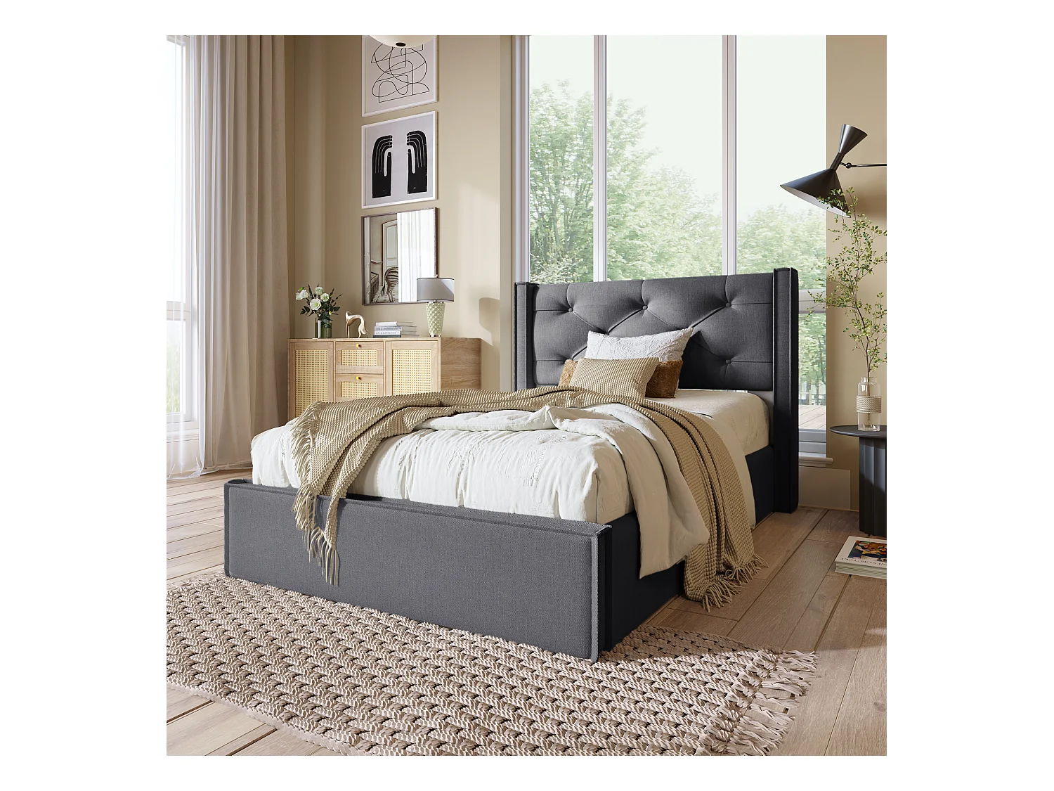 Bettkasten 90 x 200 cm, gepolstert mit Baumwolle, inklusive Boxspringbett, dunkelgrau