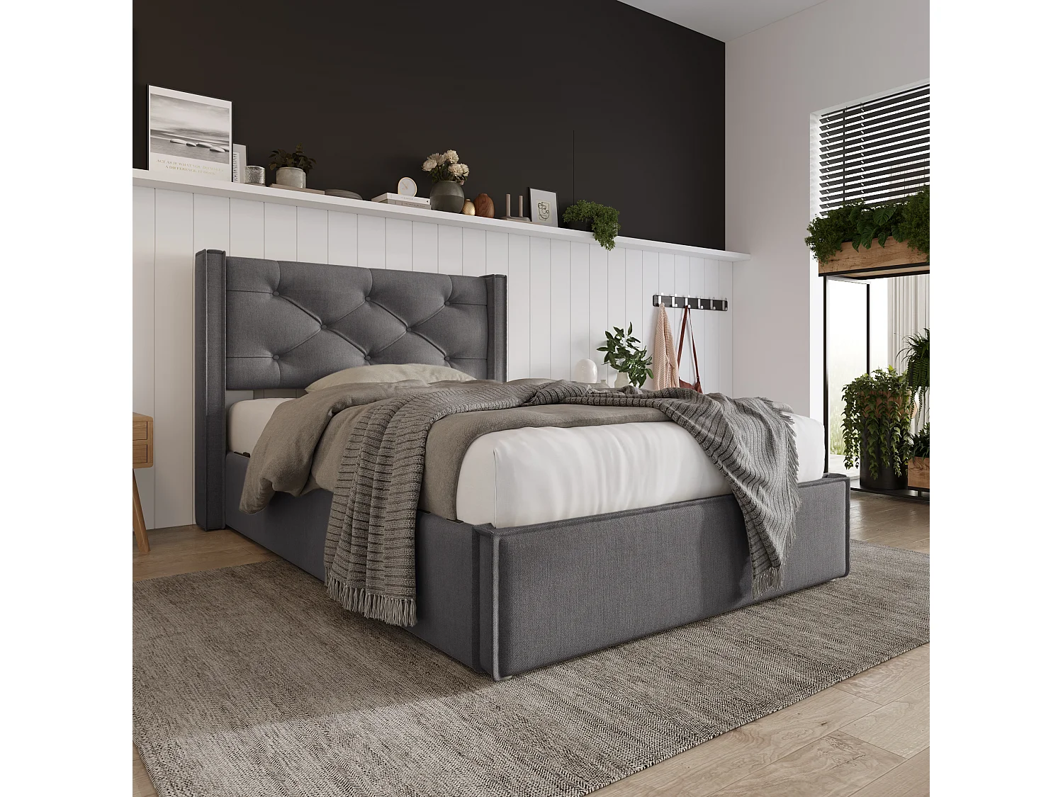 Lit coffre 90x200 cm rembourré en coton, sommier inclus, gris foncé