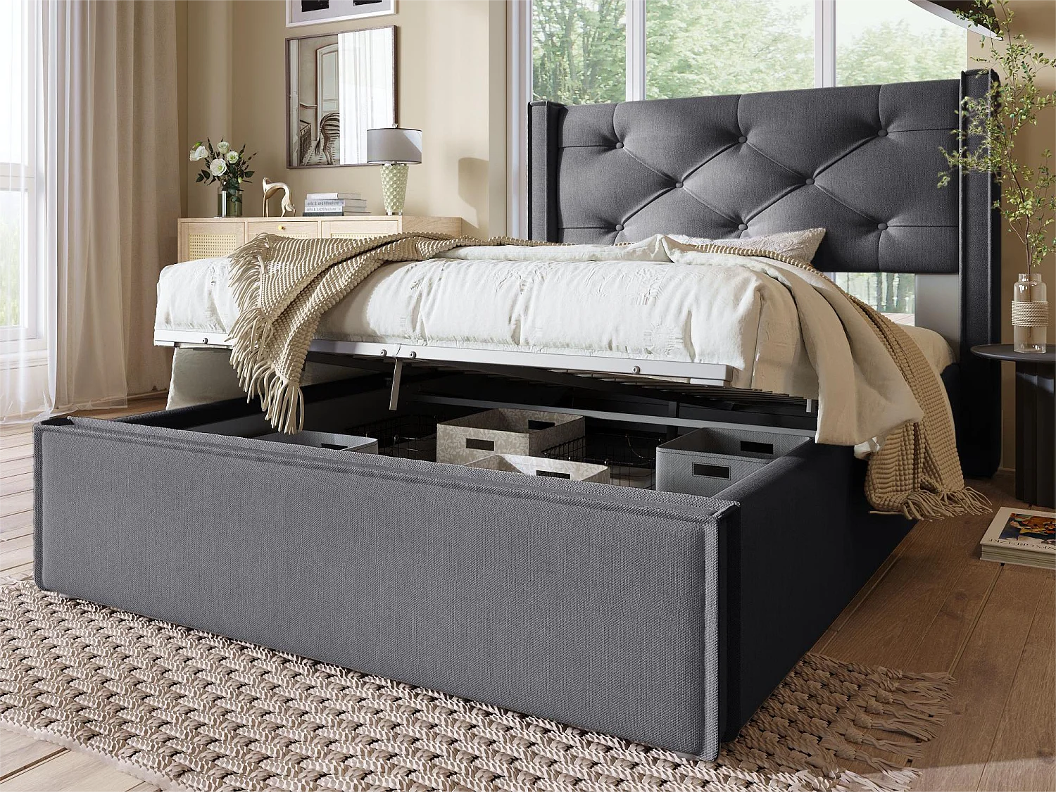 Cama de arrumação 90x200 cm acolchoada em algodão, box spring incluída, cinza escuro