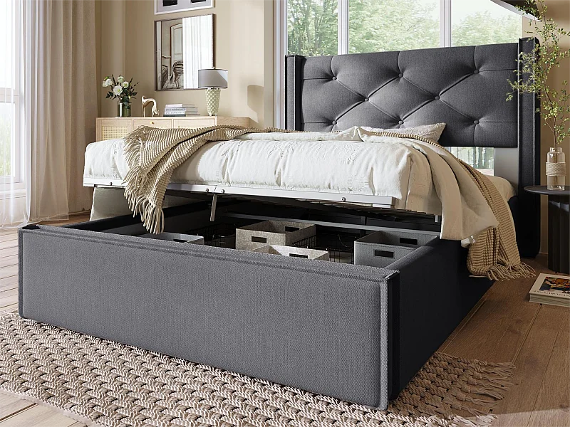 Łóżko z pojemnikiem, wyściełane bawełną, 90x200 cm, w zestawie stelaż z listew, ciemnoszare