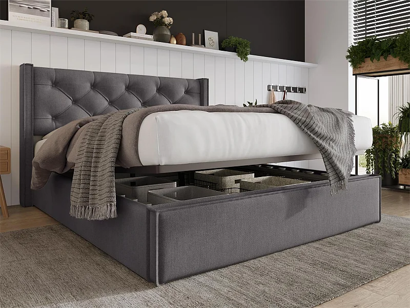 Lit coffre 140x200 cm rembourré en coton, sommier inclus, gris foncé